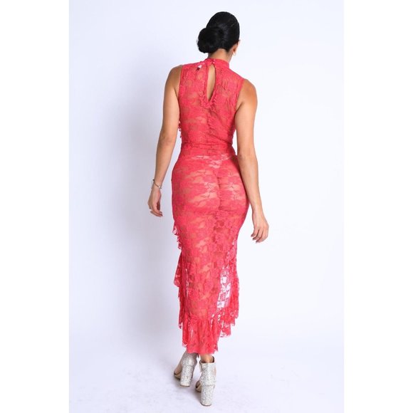 Women's Ruffle Detailed Lace High-Low Dress See Through Party Dress - Picture 5 of 9